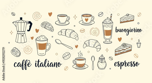 A charming collection of hand-drawn Italian coffee and breakfast items, including croissants, espresso cups, and a moka pot, creating a cozy cafe scene.