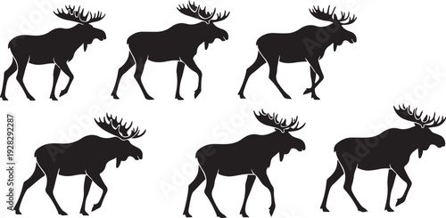 Group of moose silhouettes walking in a line on a white background