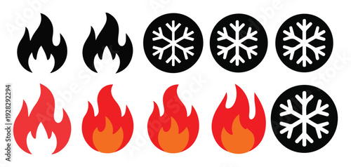Graphic red fire flame icons and winter snowflake symbols in circular design. vector illustration eps 10