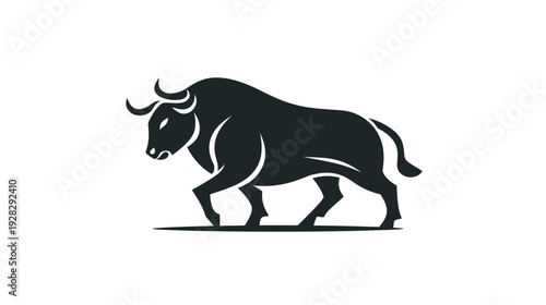 Dynamic black bull graphic illustration icon. Strong horned animal symbol, powerful mascot silhouette vector design element.