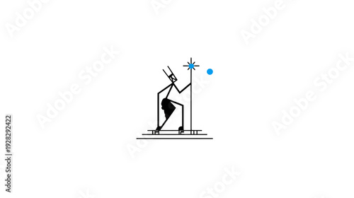 Abstract stick figure holding a magical staff with a glowing blue star, mythical creature symbol, fantasy illustration, minimalist line art