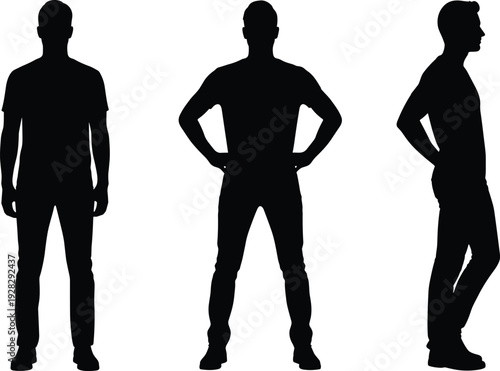 Black silhouettes of a man standing in various front and side profile poses isolated on white background for fashion architectural scale and anatomical reference