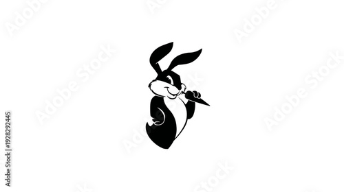 Happy black and white cartoon rabbit character eating a fresh orange carrot, standing upright, isolated vector illustration
