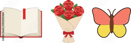 Set of hand drawn vector illustrations featuring an open red book with bookmark a beautiful rose flower bouquet and a colorful butterflySet of hand drawn vector illustra