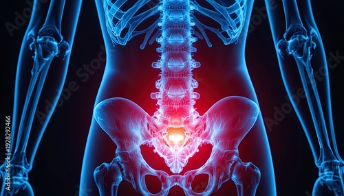 Human skeleton with highlighted lower back pain