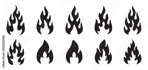 Set of black fire flame and campfire icons isolated on white background. vector illustration eps 10