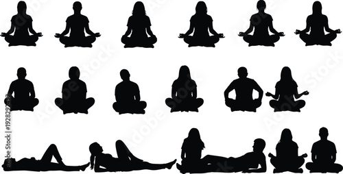 Black silhouettes of diverse people in meditation yoga poses and relaxing reclining positions isolated on white background for wellness health and mindfulness concepts
