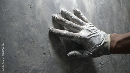 Patching wall hole with cement using grimy trowel-held hand amidst debris in harshly lit construction environment. (110 chars)