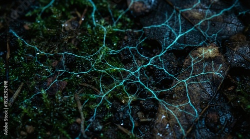 A surreal and moody background showing intricate, glowing cyan and green fractal lines resembling roots, mycelium networks, or electrical synapses spreading across dark, textured ground