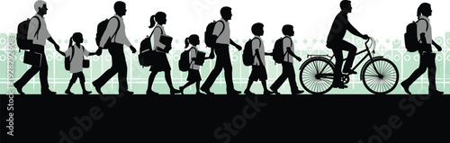 Set of Silhouettes Featuring Children and Students Walking with Backpacks and a Person Riding a Bicycle for Education and School Themed Graphic Design
