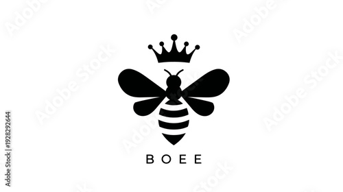Black silhouette of a majestic bee wearing a crown, a stylized insect design representing royalty, nature, and elegance.