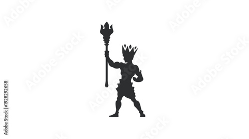 Mighty king or mythical god figure silhouette holding a trident and wearing a crown, symbolizing power, authority, and ancient mythology.