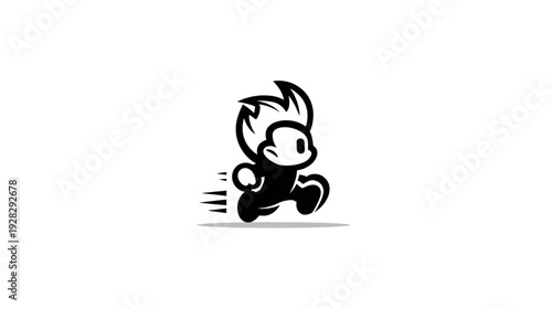 Fast-moving black and white cartoon character icon with dynamic speed lines, playful monochrome mascot illustration