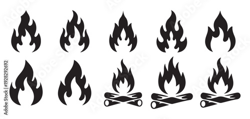 Set of black fire flame and campfire icons isolated on white background. vector illustration eps 10