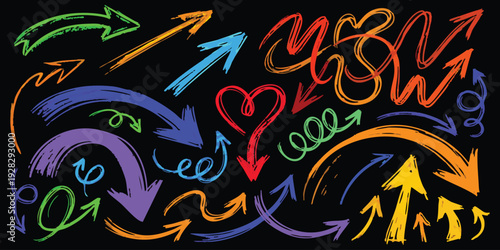 Hand drawn colorful chalk arrows and heart doodles on black background collection of sketchy vector illustration design elements