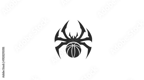 Stylized black spider with a basketball body, aggressive tribal design, sports team mascot logo graphic illustration