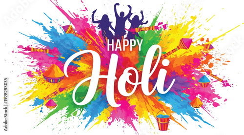 Vibrant Holi celebration with people rejoicing in colorful powder, joy, and festive atmosphere outdoors