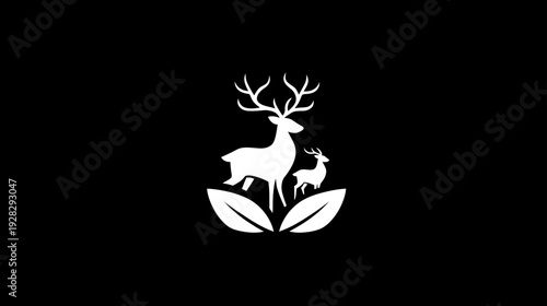 Minimalist white silhouette icon of a majestic adult deer and a cute fawn standing on leaves, symbolizing nature and wildlife.