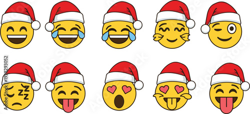 Set of yellow emoji faces wearing red Santa hats featuring various expressions like laughing winking sleeping and heart eyes for Christmas holiday celebration vector illustration