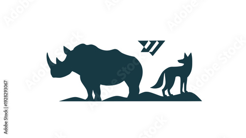 Stylized rhinoceros and fox silhouettes with abstract geometric symbol, representing wild animals and nature design concepts
