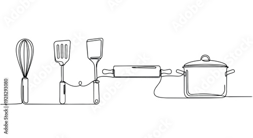 Continuous line drawing of kitchen utensils and cookware in a horizontal pattern on a clean white background.