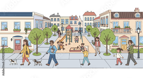 Illustration of people walking with dogs and strolling in a vibrant city life scene with a flat, horizontal layout, showcasing various buildings and a park.
