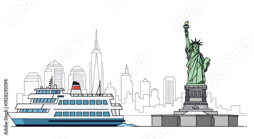 Flat 2D illustration of a cruise ship sailing past the Statue of Liberty and New York City skyline, a famous travel landmark.