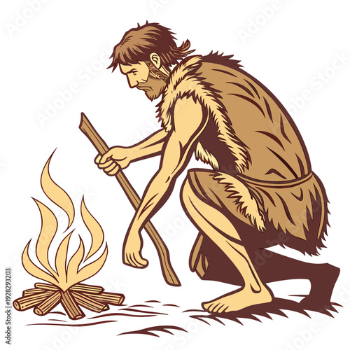 Prehistoric man starting fire with stick and stones
