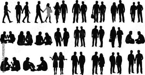 Silhouette illustration of people in pairs walking, sitting, talking, and holding hands, symbolizing communication, relationships, social interaction, teamwork, and human connection design.
