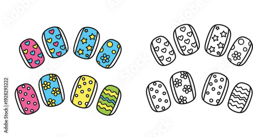 Cute nail art manicure set with colorful and black and white outline versions for coloring book. Vector illustration of fingernails with hearts, stars, dots and flower patterns.