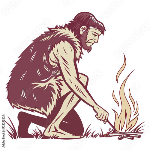 Prehistoric man starting fire with sticks outdoors