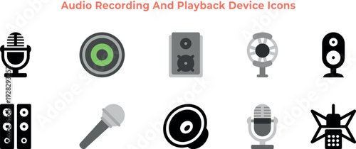Collection of black audio recording and playback device icons displayed