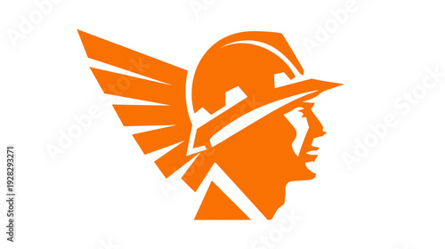 Stylized orange profile of a worker in a safety hard hat with wings, symbolizing construction, engineering, speed, and progress