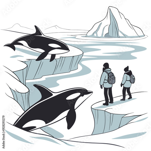 Orcas swimming near icebergs with two people observing 1