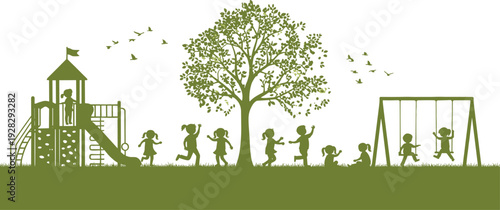 Silhouette illustration of playground scene with children playing on swings, slide, climbing structure, and running near tree, symbolizing outdoor activity, childhood fun, and social interaction.