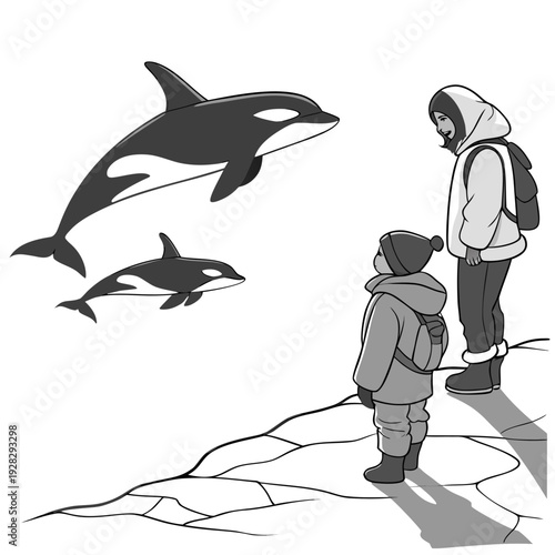 Grayscale of and child watching orcas whale people
