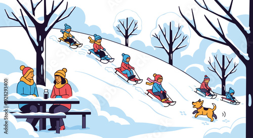 A colorful illustration of children sledding down a snowy hill in a city park with bare trees and a picnic table, in a flat 2D vector style with a joyful mood.