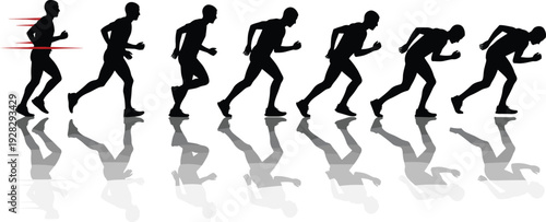 Silhouette sequence of person walking to running with motion lines and reflections, illustrating biomechanics, sports science, physical education, animation, and human locomotion study.