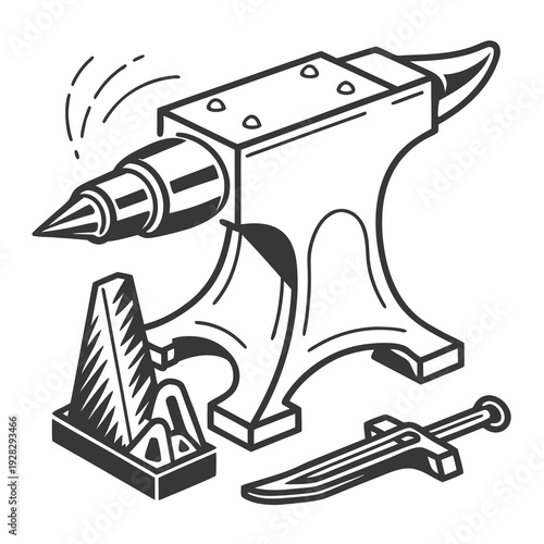 Blacksmith anvil with sword and metalworking tools