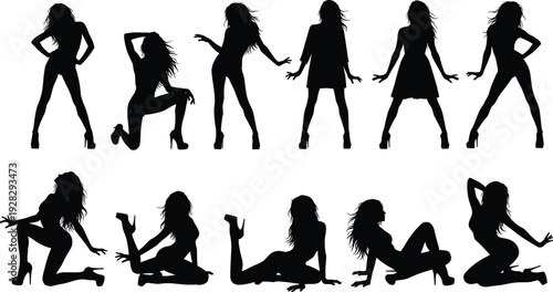 Silhouettes of a woman with long hair in expressive standing, seated, and reclining poses, showcasing fashion modeling, dance movement, artistic illustration, and dynamic human form.