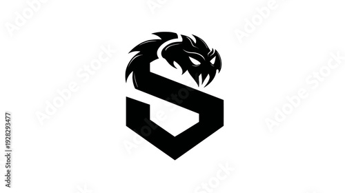 Modern black and white dragon or serpent head integrated with a stylized letter S. Powerful mythical creature emblem logo vector graphic.
