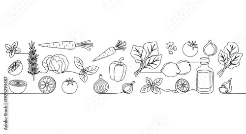 A horizontal line drawing of various food and cooking ingredients, including vegetables, fruits, and a bottle, in a continuous pattern.
