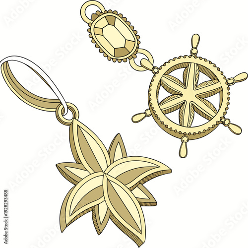 Golden starfish and ship wheel charms jewelry