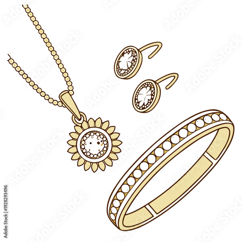 Golden jewelry set with sunflower pendant earrings and bracelet