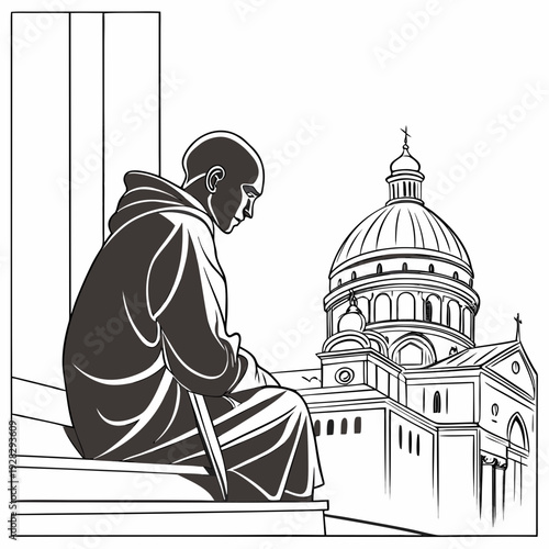 Monk sitting on ledge looking at church building architecture