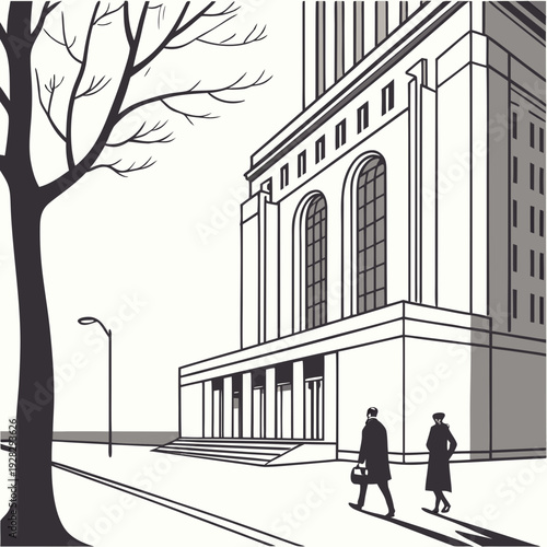 Grayscale city street scene with building and people walking