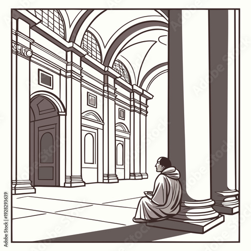 Monk sitting on column base in ancient architecture