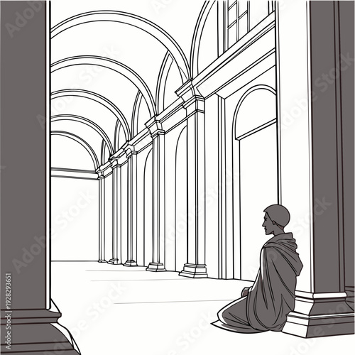 Monochrome of a person sitting in a quiet colonnade