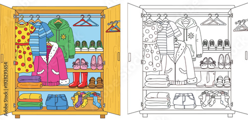 Open wardrobe with clothes, shoes and accessories inside. Vector cartoon illustration of closet organized with apparel. Coloring book page, black and white outline and colored version.