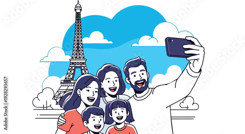 Flat 2D illustration of a family taking a selfie in front of the Eiffel Tower, a famous travel landmark with a blue sky and white clouds.
